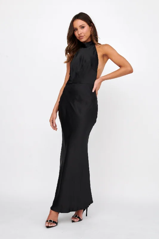 Lace - Embellished Women Dress for an Elegant and Sophisticated AppearanceItalia Azure Halterneck Pearl Back Maxi Dress Black Lace - Embellished Women Dress for an Elegant and Sophisticated AppearanceItalia Azure Halterneck Pearl Back Maxi Dress Black