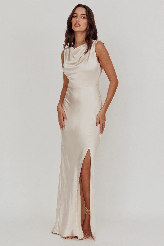 Mermaid - Style Women Dress with a Fitted Silhouette for Special OccasionsJinora Cowl Neck Leg Slit Satin Maxi Dress Mermaid - Style Women Dress with a Fitted Silhouette for Special OccasionsJinora Cowl Neck Leg Slit Satin Maxi Dress
