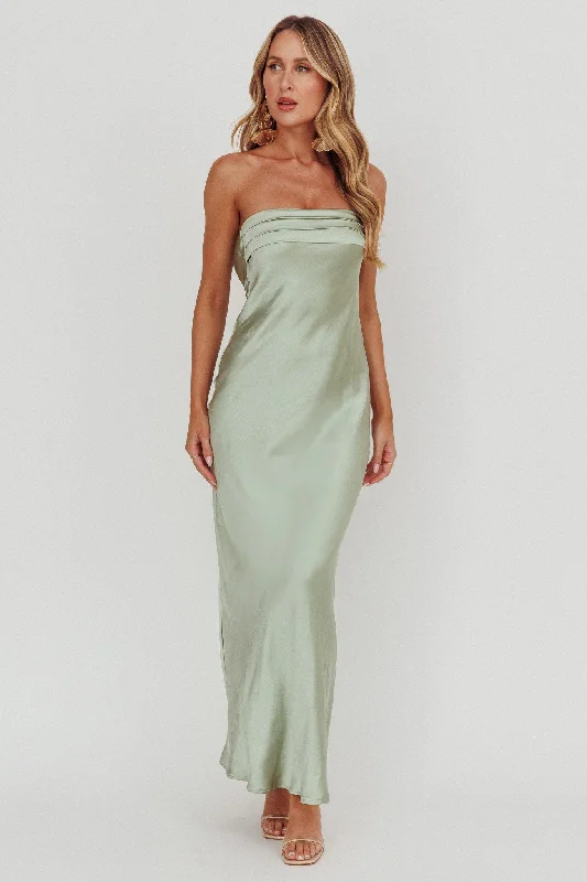 Pleated Women Dress with a Timeless and Elegant TextureKona Strapless Pleated Bust Satin Maxi Dress Sage Pleated Women Dress with a Timeless and Elegant TextureKona Strapless Pleated Bust Satin Maxi Dress Sage