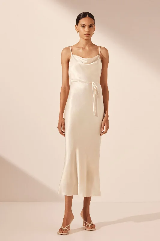 Strapless Women Dress with a Built - in Bra for Comfort and SupportLA LUNE BIAS COWL MIDI DRESS - CREAM