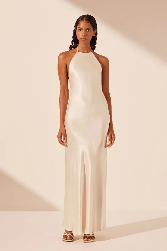 Ball Gown Women Dress with a Full Skirt for a Princess - like LookLA LUNE LOW BACK HALTER NECK MIDI DRESS - CREAM Ball Gown Women Dress with a Full Skirt for a Princess - like LookLA LUNE LOW BACK HALTER NECK MIDI DRESS - CREAM