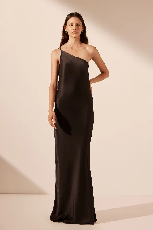 Sleeveless Women Dress in Bright Colors for Summer PartiesLA LUNE ONE SHOULDER COWL BACK MAXI DRESS - BLACK Sleeveless Women Dress in Bright Colors for Summer PartiesLA LUNE ONE SHOULDER COWL BACK MAXI DRESS - BLACK