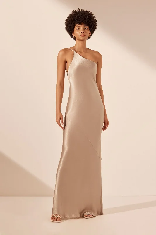 Lace - Embellished Women Dress for an Elegant and Sophisticated AppearanceLA LUNE ONE SHOULDER COWL BACK MAXI DRESS - GOLD Lace - Embellished Women Dress for an Elegant and Sophisticated AppearanceLA LUNE ONE SHOULDER COWL BACK MAXI DRESS - GOLD