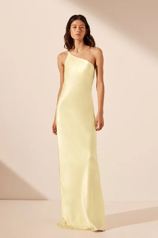 Sleeveless Women Dress in Bright Colors for Summer PartiesLA LUNE ONE SHOULDER COWL BACK MAXI DRESS - LEMON Sleeveless Women Dress in Bright Colors for Summer PartiesLA LUNE ONE SHOULDER COWL BACK MAXI DRESS - LEMON