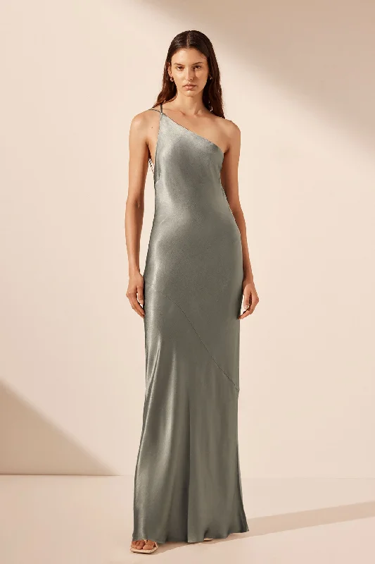 Strapless Women Dress with a Built - in Bra for Comfort and SupportLA LUNE ONE SHOULDER COWL BACK MAXI DRESS - SAGE Strapless Women Dress with a Built - in Bra for Comfort and SupportLA LUNE ONE SHOULDER COWL BACK MAXI DRESS - SAGE