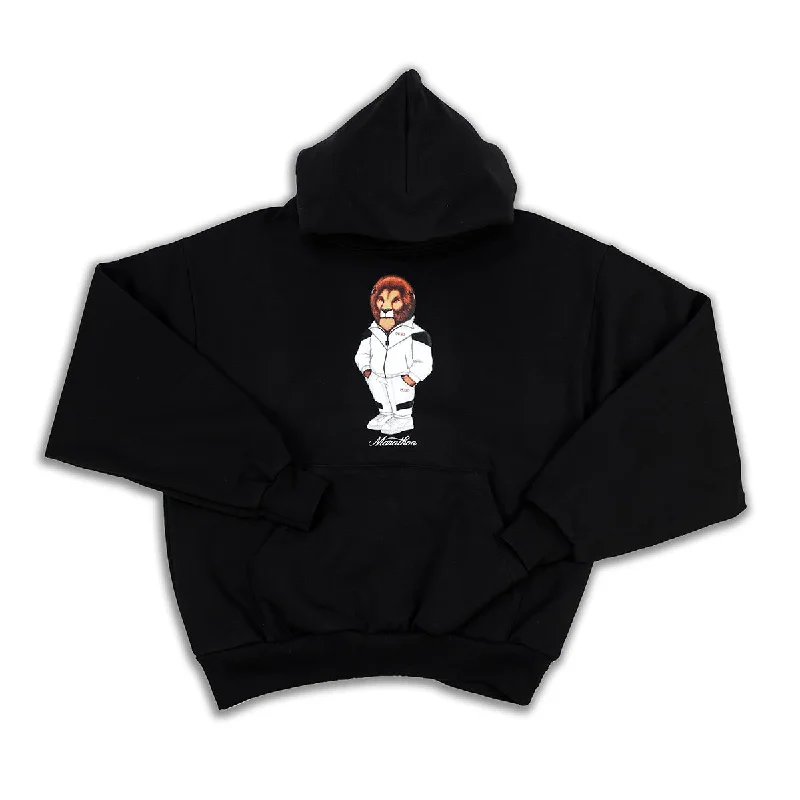 Women's cropped sweatshirt with a slogan graphic for a fun and expressive lookLeo The Marathon Lion (Tracksuit) Hoodie - Black Women's cropped sweatshirt with a slogan graphic for a fun and expressive lookLeo The Marathon Lion (Tracksuit) Hoodie - Black