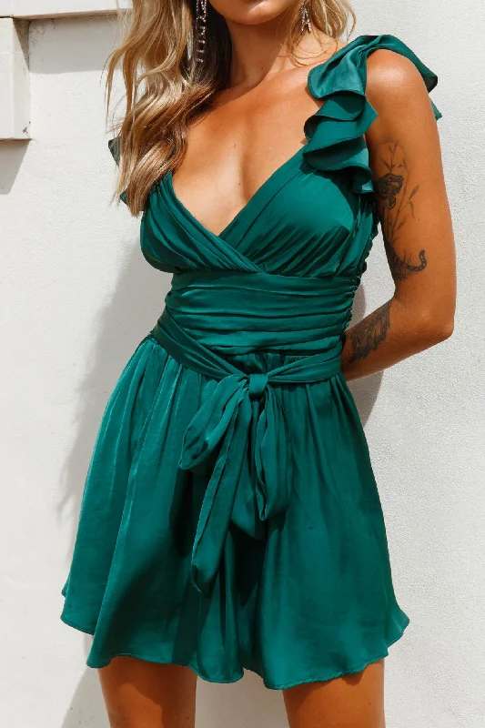 Mermaid - Style Women Dress with a Fitted Silhouette for Special OccasionsLola Ruffle Shoulder Ruched Dress Forest Green