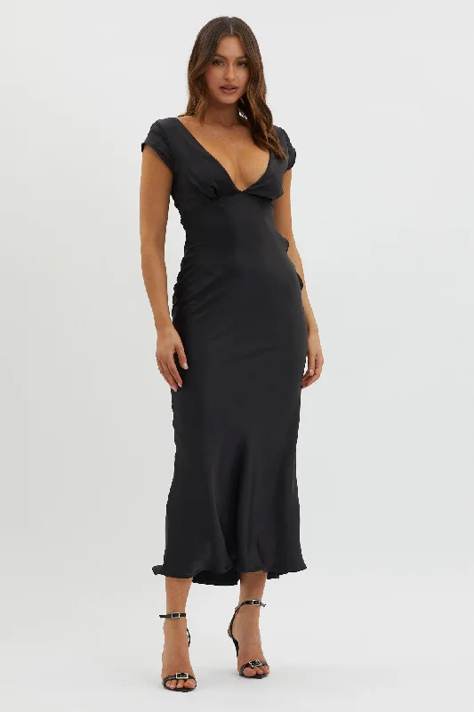 Pleated Women Dress with a Timeless and Elegant TextureLucinda V-Neck Twist Back Midi Dress Black