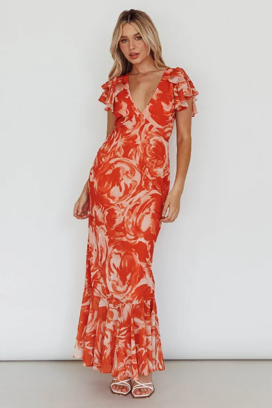 Long - Sleeve Women Dress in Velvet for a Luxurious Winter LookLydiah Ruffle Sleeve Maxi Dress Floral Orange Long - Sleeve Women Dress in Velvet for a Luxurious Winter LookLydiah Ruffle Sleeve Maxi Dress Floral Orange