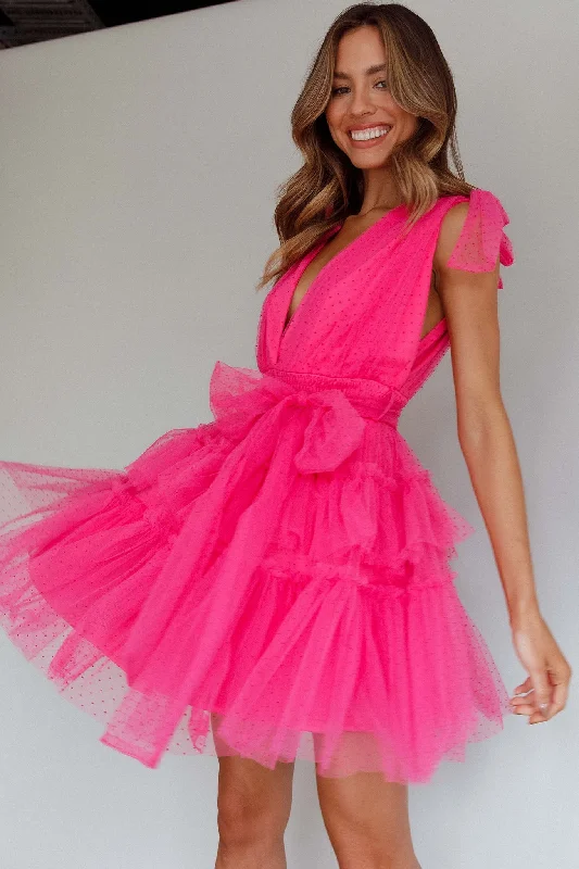 Ball Gown Women Dress with a Full Skirt for a Princess - like LookLyra Spotted Tulle Mini Dress Hot Pink Ball Gown Women Dress with a Full Skirt for a Princess - like LookLyra Spotted Tulle Mini Dress Hot Pink