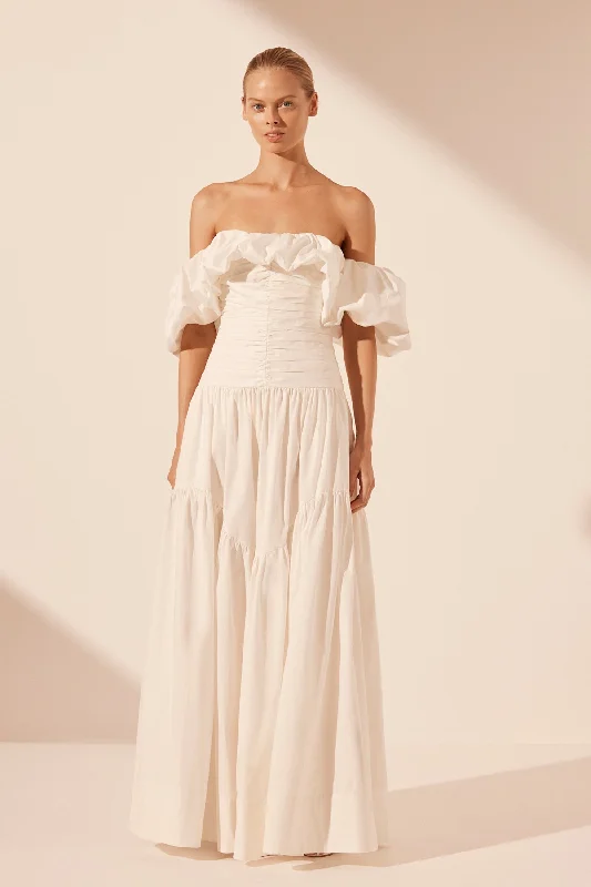 Ruffled Women Dress with Multiple Layers for a Playful and Girly StyleMAIORI OFF SHOULDER RUCHED BODICE MAXI DRESS - IVORY Ruffled Women Dress with Multiple Layers for a Playful and Girly StyleMAIORI OFF SHOULDER RUCHED BODICE MAXI DRESS - IVORY