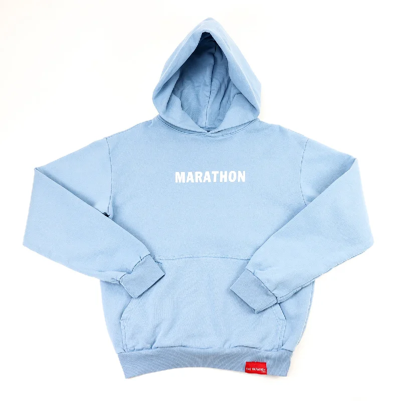 Women's oversized cropped hoodie with drawstrings for a trendy lookMarathon Leisure Hoodie - Light Blue/White Women's oversized cropped hoodie with drawstrings for a trendy lookMarathon Leisure Hoodie - Light Blue/White