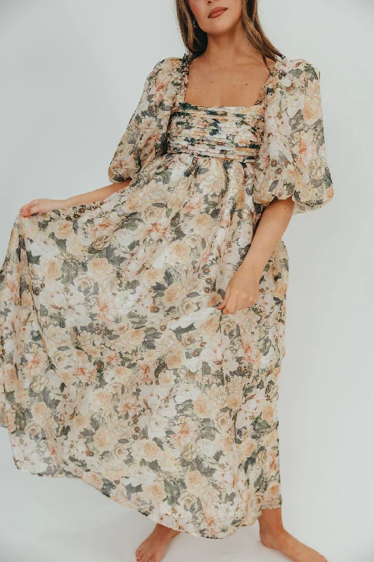 Strapless Women Dress with a Built - in Bra for Comfort and SupportMelody Maxi Dress with Pleats and Bow Detail in Champagne Floral - Bump Friendly & Inclusive Sizing (S-3XL) Strapless Women Dress with a Built - in Bra for Comfort and SupportMelody Maxi Dress with Pleats and Bow Detail in Champagne Floral - Bump Friendly & Inclusive Sizing (S-3XL)
