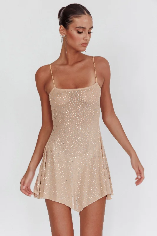 Wrap - Style Women Dress with Adjustable Fit for All Body TypesMoon Walker Sheer Rhinestone Mini Dress Nude Wrap - Style Women Dress with Adjustable Fit for All Body TypesMoon Walker Sheer Rhinestone Mini Dress Nude