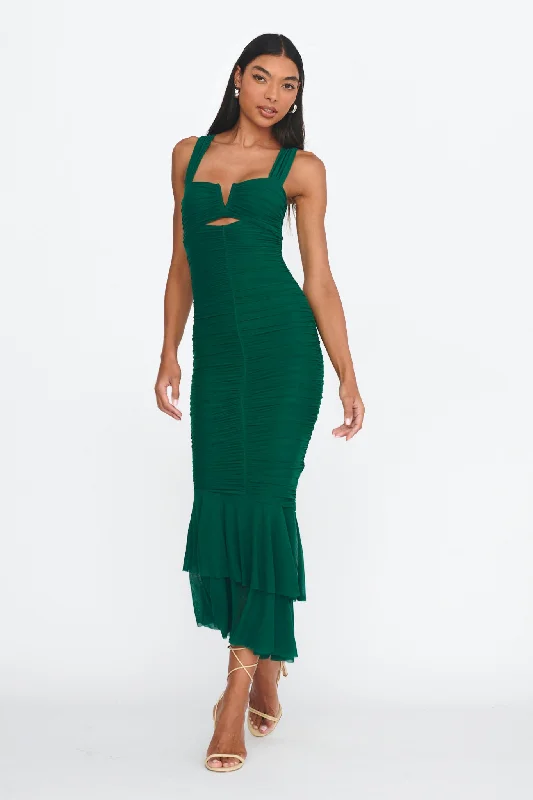 Ruffled Women Dress with Multiple Layers for a Playful and Girly StyleNadia Ruched Fishtail Maxi Dress Green Ruffled Women Dress with Multiple Layers for a Playful and Girly StyleNadia Ruched Fishtail Maxi Dress Green