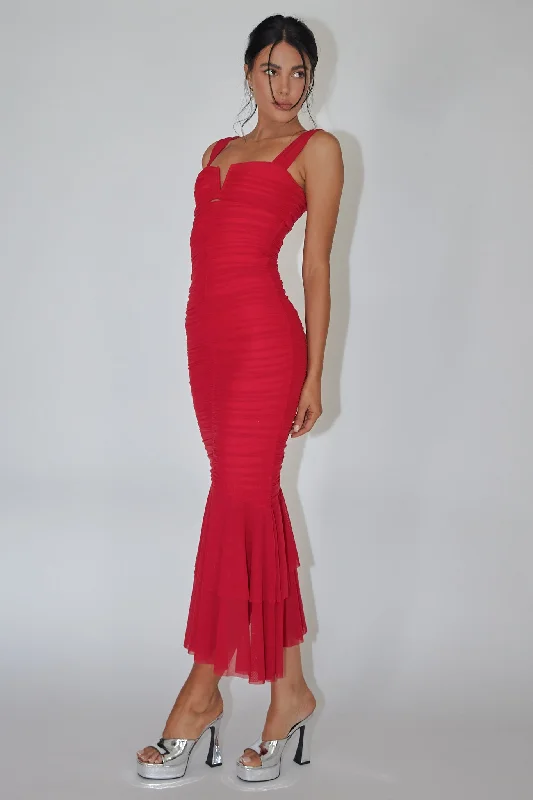 Sleeveless Women Dress in Bright Colors for Summer PartiesNadia Ruched Fishtail Maxi Dress Red