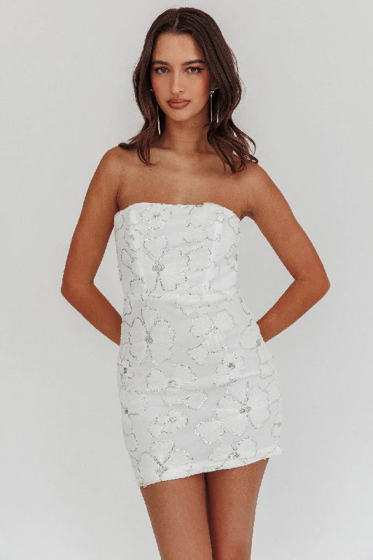 Ruffled Women Dress with Multiple Layers for a Playful and Girly StylePaulinna Strapless Tied Back Mini Dress Embellished White
