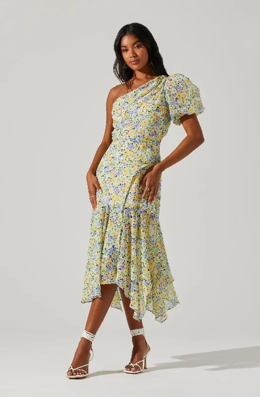 Maxi Women Dress with Floral Print for a Bohemian VibeSantorini Floral One Shoulder Midi Dress