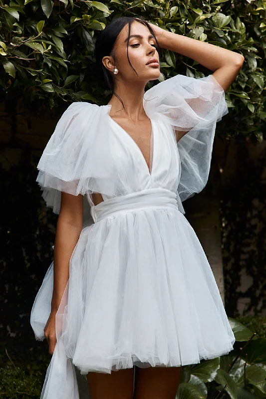 Mermaid - Style Women Dress with a Fitted Silhouette for Special OccasionsStar Power Tulle Train Mini Dress White Mermaid - Style Women Dress with a Fitted Silhouette for Special OccasionsStar Power Tulle Train Mini Dress White