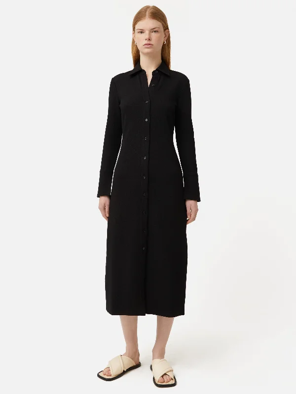 Strapless Women Dress with a Built - in Bra for Comfort and SupportTextured Jersey Shirt Dress | Black Strapless Women Dress with a Built - in Bra for Comfort and SupportTextured Jersey Shirt Dress | Black
