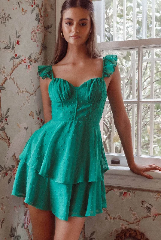 Sleeveless Women Dress in Bright Colors for Summer PartiesTheory Sweetheart Neckline Frill Strap Mini Dress Textured Green Sleeveless Women Dress in Bright Colors for Summer PartiesTheory Sweetheart Neckline Frill Strap Mini Dress Textured Green