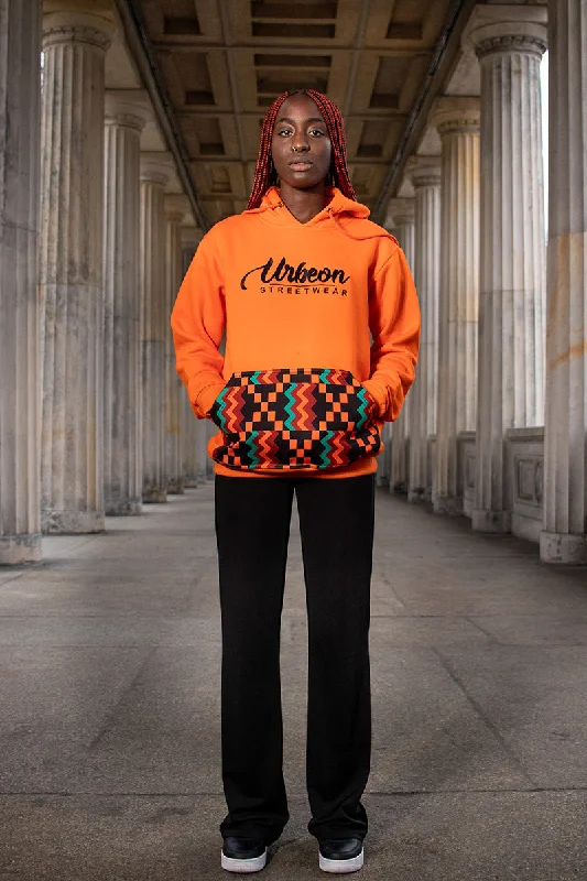 Women's cropped sweatshirt with a lace - trimmed hem for a romantic lookWomen Kente Hoodie in Sunflower Orange Women's cropped sweatshirt with a lace - trimmed hem for a romantic lookWomen Kente Hoodie in Sunflower Orange