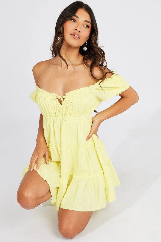 Off - the - Shoulder Women Dress for a Romantic and Feminine LookYellow Fit And Flare Dress Puff Sleeve Mini Off - the - Shoulder Women Dress for a Romantic and Feminine LookYellow Fit And Flare Dress Puff Sleeve Mini