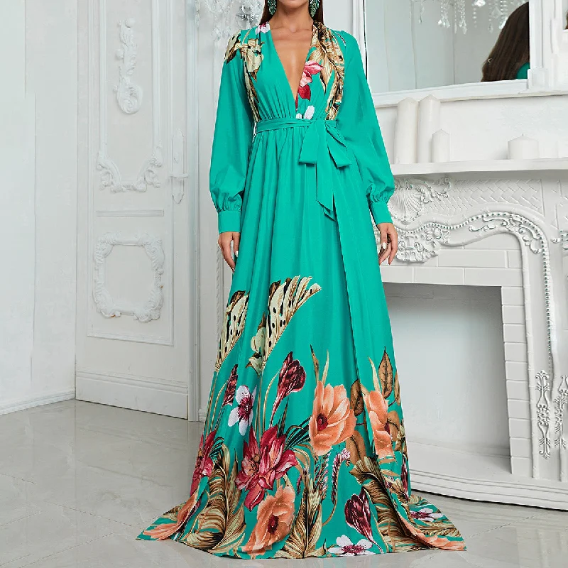 Maxi Women Dress with Floral Print for a Bohemian Vibe Maxi Women Dress with Floral Print for a Bohemian Vibe NiDELL Cross-Border Chiffon Dress Spring and Summer Chiffon Deep V-neck Sexy Dress Long Sleeve Holiday Dress-SSN042-1