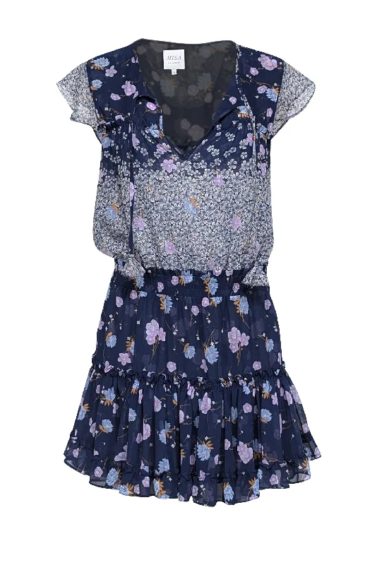Empire Waist Women Dress to Accentuate the Bust and Conceal the Waist Empire Waist Women Dress to Accentuate the Bust and Conceal the Waist MISA Los Angeles - Blue, Purple, & Ivory Floral Print Chiffon Mini Dress Sz L
