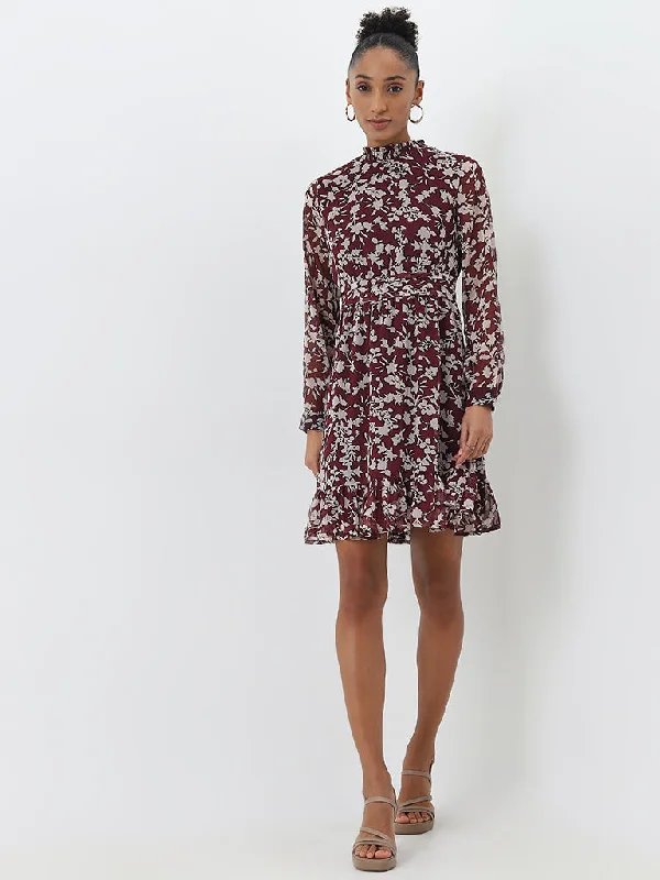 Strapless Women Dress with a Built - in Bra for Comfort and Support Strapless Women Dress with a Built - in Bra for Comfort and Support Wardrobe Burgundy Floral Printed A-Line Dress with Belt