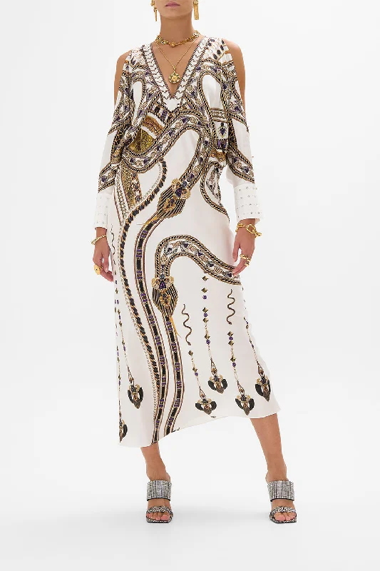 Maxi dresses with cold - shoulder cutouts for a trendy lookPLUNGE NECK DRAPED SHOULDER DRESS GODDESS ENERGY Maxi dresses with cold - shoulder cutouts for a trendy lookPLUNGE NECK DRAPED SHOULDER DRESS GODDESS ENERGY