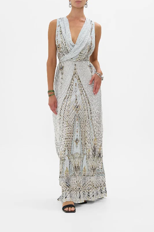 Maxi dresses with polka dot prints for a playful styleSLEEVELESS DRAPED T BACK LONG DRESS SAHARA STARLET Maxi dresses with polka dot prints for a playful styleSLEEVELESS DRAPED T BACK LONG DRESS SAHARA STARLET