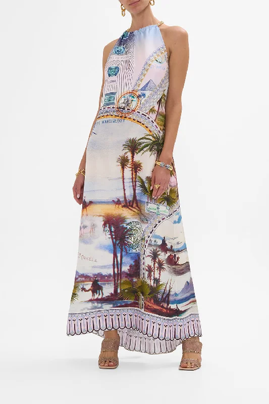 Maxi dresses with fringe trim for a bohemian vibeLOW BACK LONG DRESS WITH NECK HARDWARE CALL ME IN CAIRO
