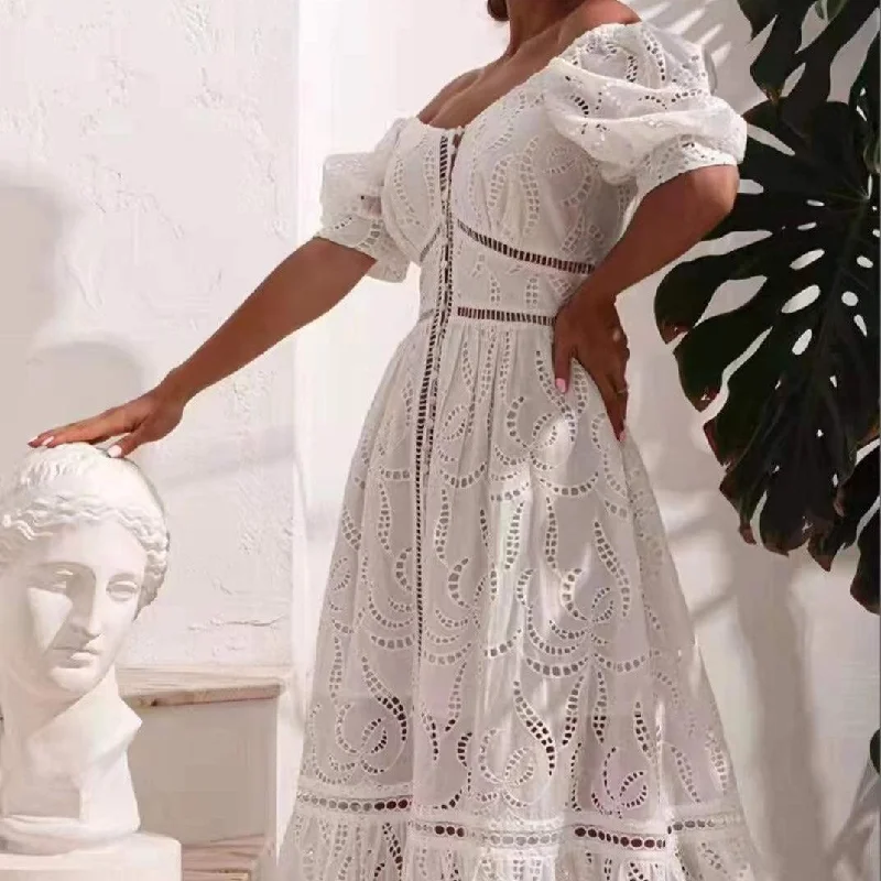 Maxi dresses with a ruched bodice for a more form - fitting and feminine shapeKittenAlarm - Alvar Puff Sleeves Eyelet Dress Maxi dresses with a ruched bodice for a more form - fitting and feminine shapeKittenAlarm - Alvar Puff Sleeves Eyelet Dress