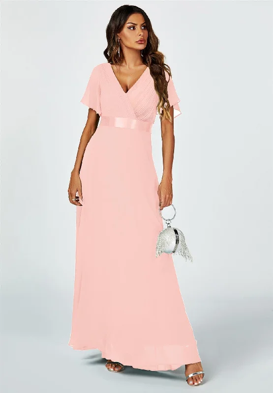 Sheer maxi dresses with lace overlays for a romantic touchAngel Sleeves Empire Waist Bridesmaid Dress In Pink Sheer maxi dresses with lace overlays for a romantic touchAngel Sleeves Empire Waist Bridesmaid Dress In Pink