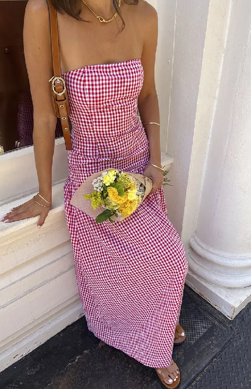 Maxi dresses with one - shoulder designs for a stylish and asymmetric lookAngela Red Gingham Maxi Dress