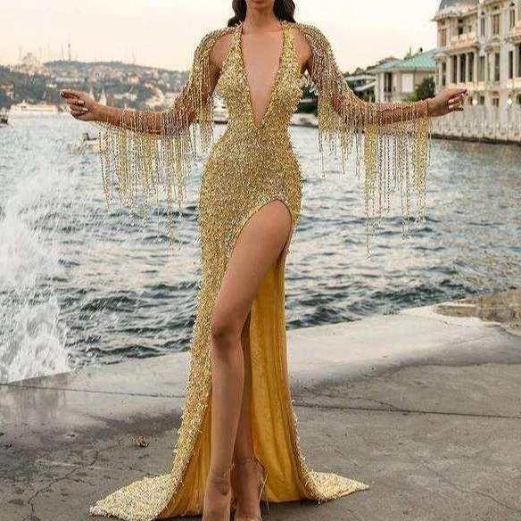 Maxi dresses with an asymmetric hem for a fashion - forward and eye - catching designKittenAlarm - Aubrey Deep V Tassel Sleeve Maxi Sequin Dress Maxi dresses with an asymmetric hem for a fashion - forward and eye - catching designKittenAlarm - Aubrey Deep V Tassel Sleeve Maxi Sequin Dress