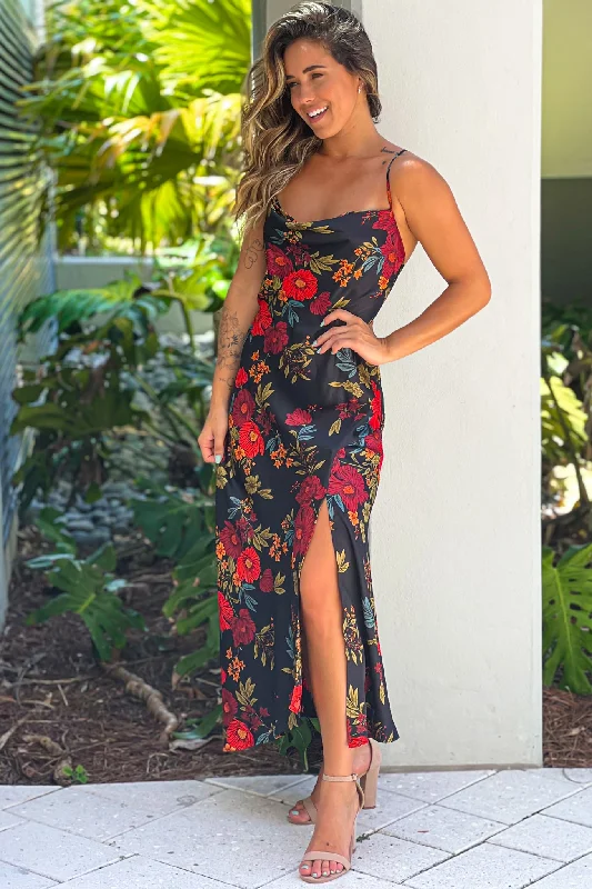 Sequined maxi dresses for formal evening galasBlack Floral Satin Dress With Slit