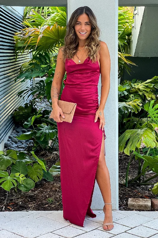 Maxi dresses with a cinched waist for a defined silhouetteBurgundy Satin Dress With Ruched Side