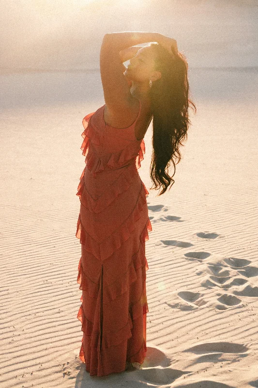 Maxi dresses with a button - down front for a classic lookCiao Ruffles Maxi Dress - Rosewood Maxi dresses with a button - down front for a classic lookCiao Ruffles Maxi Dress - Rosewood