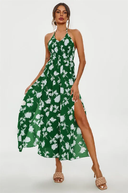 Strapless maxi dresses for a beachside vacationFloral Print Tie Halterneck Back Detail Maxi Dress In Green Strapless maxi dresses for a beachside vacationFloral Print Tie Halterneck Back Detail Maxi Dress In Green