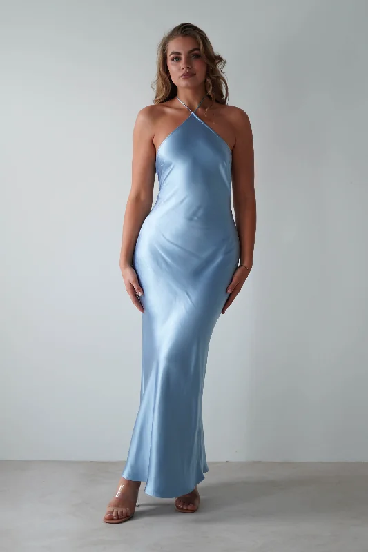 Maxi dresses with fringe trim for a bohemian vibeHeather Soft Satin Maxi Dress | Blue Maxi dresses with fringe trim for a bohemian vibeHeather Soft Satin Maxi Dress | Blue