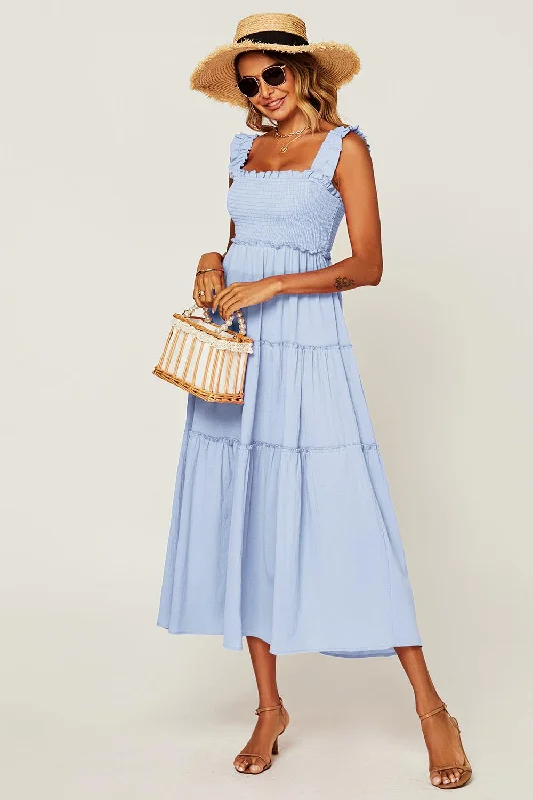 Maxi dresses with cut - out details on the sides for a modern edgeHem Detail Tiered Maxi Dress In Light Blue Maxi dresses with cut - out details on the sides for a modern edgeHem Detail Tiered Maxi Dress In Light Blue
