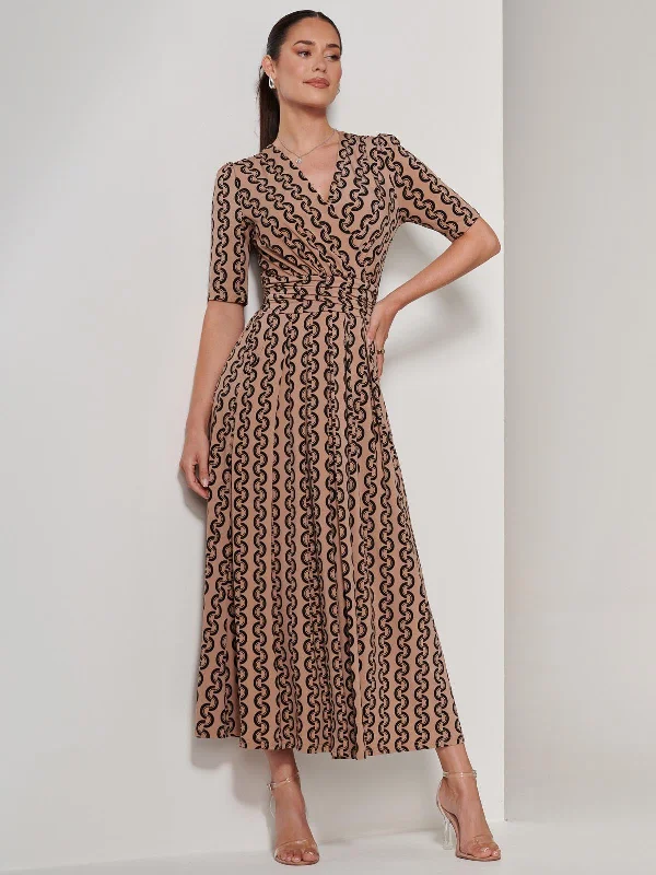 Maxi dresses with a belted empire waist for a more defined and flattering silhouetteKarmie Jersey Pleated Maxi Dress, Brown Geo Maxi dresses with a belted empire waist for a more defined and flattering silhouetteKarmie Jersey Pleated Maxi Dress, Brown Geo