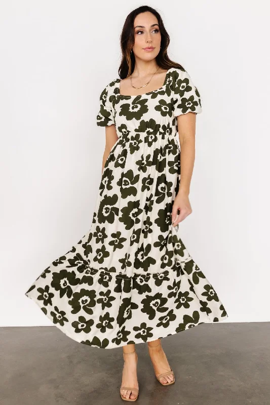Polyester maxi dresses for easy - care and durabilityKasey Maxi Dress | Olive + Ivory Print Polyester maxi dresses for easy - care and durabilityKasey Maxi Dress | Olive + Ivory Print