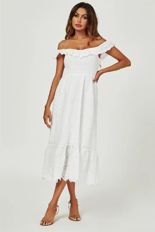 Linen maxi dresses for a breathable and lightweight summer optionLace Embroidery Bardot Maxi Dress In White Linen maxi dresses for a breathable and lightweight summer optionLace Embroidery Bardot Maxi Dress In White