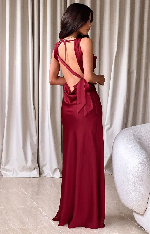 Maxi dresses with an asymmetric hem for a fashion - forward and eye - catching designLaria Wine Satin Formal Maxi Dress Maxi dresses with an asymmetric hem for a fashion - forward and eye - catching designLaria Wine Satin Formal Maxi Dress