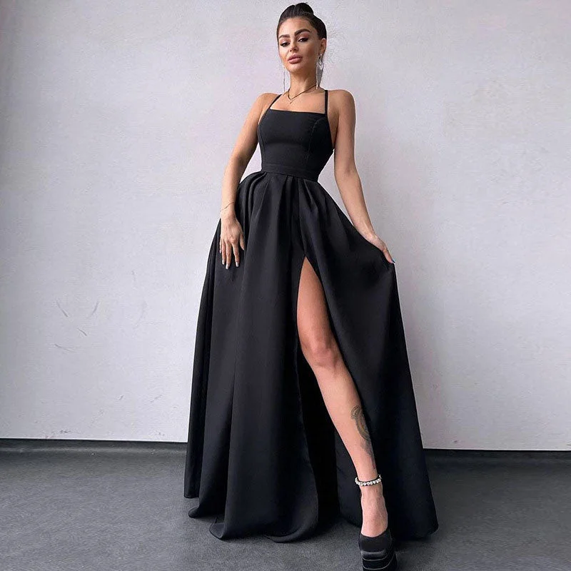 Maxi dresses with polka dot prints for a playful styleSolid Color High Split Lace Up Back Sleeveless Prom Maxi Dress - Black Maxi dresses with polka dot prints for a playful styleSolid Color High Split Lace Up Back Sleeveless Prom Maxi Dress - Black