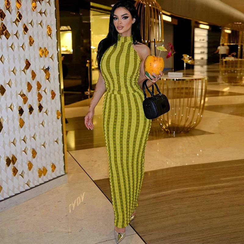 Maxi dresses with bow accents at the waist for a sweet appearancePopcorn Striped High Neck Sleeveless Bodycon Maxi Dress - Green