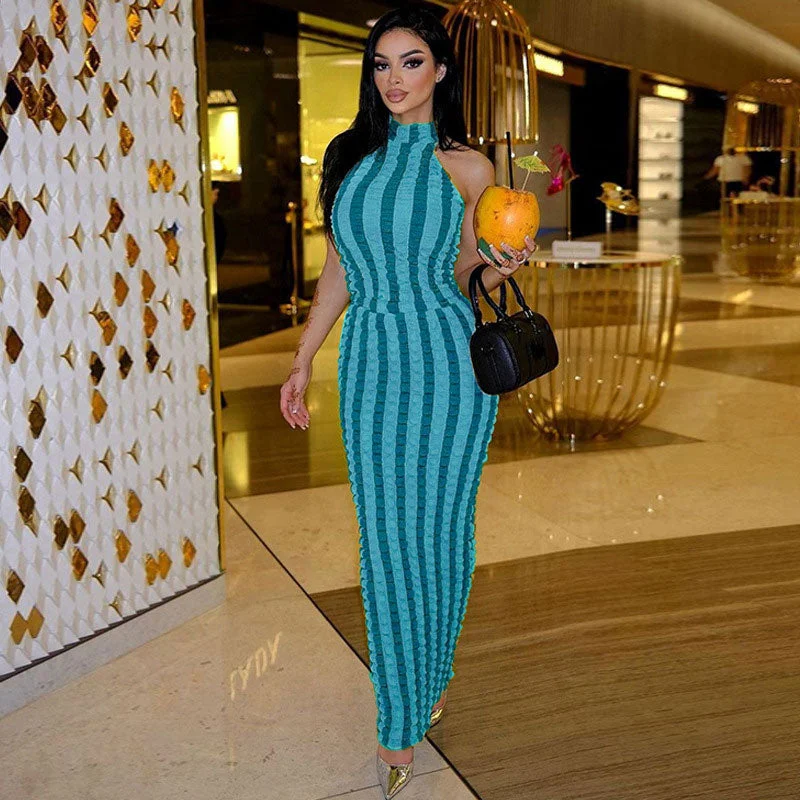 Metallic maxi dresses for a glamorous New Year's Eve partyPopcorn Striped High Neck Sleeveless Bodycon Maxi Dress - Blue Metallic maxi dresses for a glamorous New Year's Eve partyPopcorn Striped High Neck Sleeveless Bodycon Maxi Dress - Blue